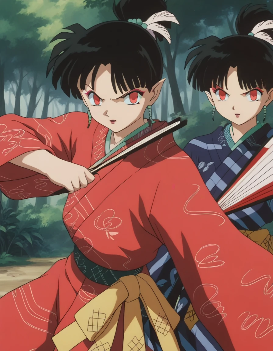 score_9, score_8_up, score_7_up, source_anime,
inuyashakagura, <lora:inuyasha-kagura-ponyxl-lora-nochekaiser:1>,
kagura, black hair, hair ornament, red eyes, pointy ears, makeup, feathers, feather hair ornament, ponytail,
jewelry, earrings, japanese clothes, kimono, makeup, hand fan, folding fan, red kimono, holding fan,
outdoors, forest, nature,
looking at viewer, fighting stance,