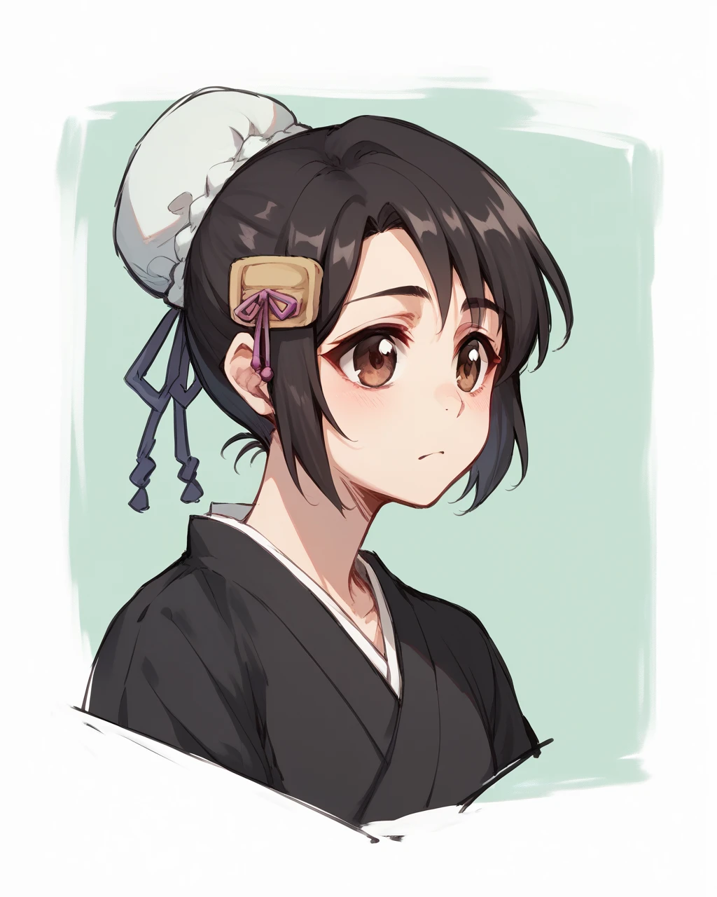 score_9, score_8_up, score_7_up,
 <lora:Hinamori_Momo_PONY:1>,hinamori momo,1girl, solo,single hair bun, bun cover,brown eyes,black hair,hair ornament, portrait,black kimono, hakama, sheathed,