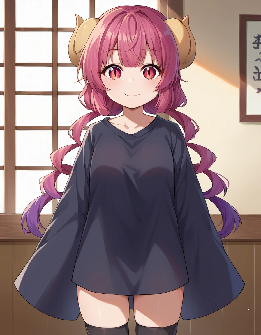 score_9, score_8_up, score_7_up, source_anime,
dragonilulu, <lora:dragon-ilulu-ponyxl-lora-nochekaiser:1>,
ilulu, curled horns, horns, long hair, multicolored hair, purple hair, red eyes, red hair, slit pupils, smile,
black shirt, long shirt, black thighhighs, collarbone, shirt, short sleeves, thighhighs, wide sleeves, zettai ryouiki,
indoors,
looking at viewer, cowboy shot, dutch angle,