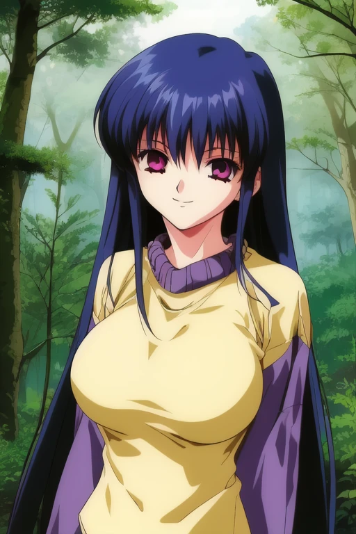 <lora:Sonya_MNP:1>, Sonya, 1girl, soro, long hair, large breasts, blue hair,  bangs, red eyes, purple eyes.
sweater, retro artstyle, long sleeves, smile, very long hair, 1990s (style), looking at viewer, forest, 
 masterpiece, high quality, very_high_resolution, large_filesize, full color,