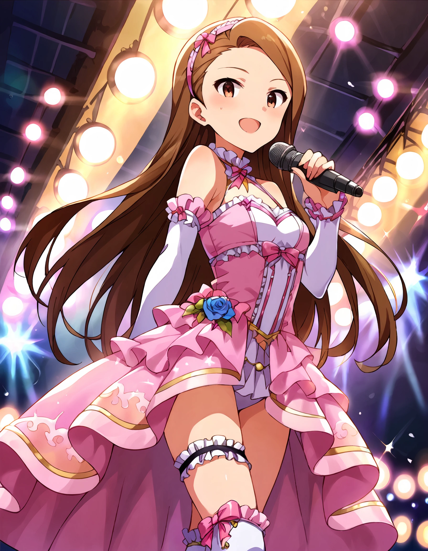 score_9, score_8_up, score_7_up, source_anime,
<lora:MinaseIori_pony_v1:0.8>
pinup of 1girl, solo, concert, stage, standing, singing, microphone, stage lights, multicolored lighting,
smile, looking at viewer, (sweat:0.8),
mnsior, petite, longhair, brown hair, forehead, brown eyes, hairband, small breasts,
idol costume, pink dress, satin, lace trim, detached sleeves, bare shoulders, boots, thigh strap,