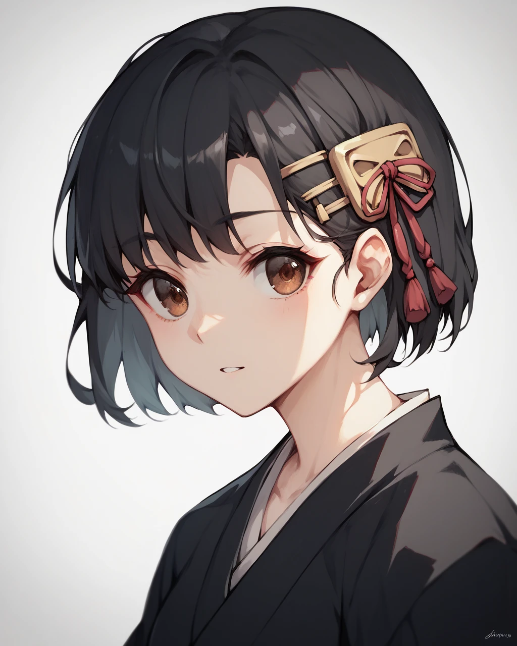 score_9, score_8_up, score_7_up,
<lora:Hinamori_Momo_PONY:1>,1girl, solo, short hair, brown eyes,black hair,hair ornament, portrait,black kimono, hakama, sheathed,