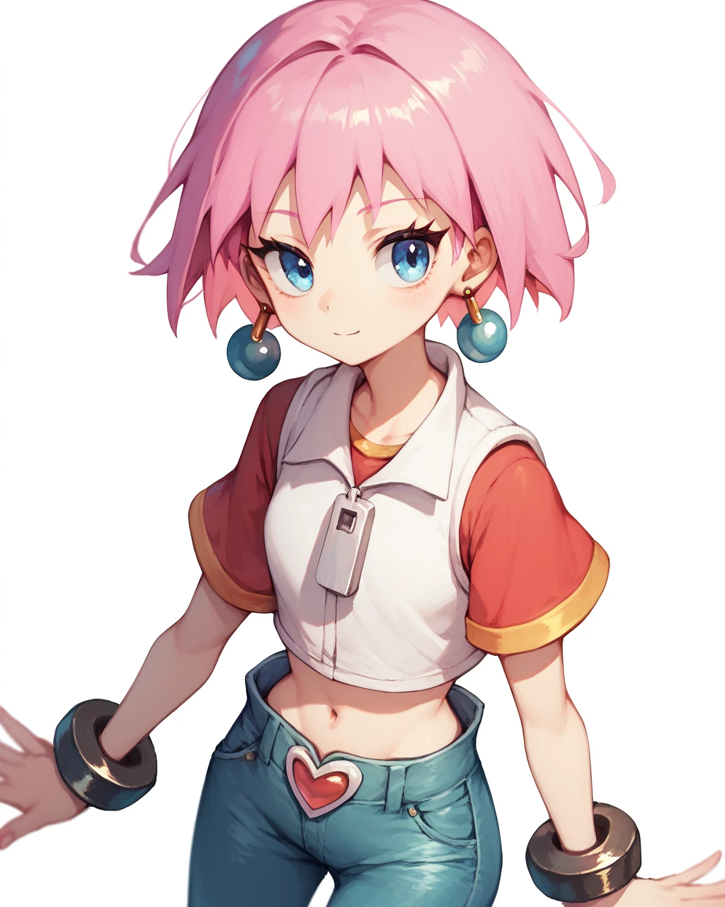 score_9, score_8_up, score_7_up,
 <lora:Beauty_PONY:1>,beauty,1girl,solo,short hair, blue eyes,pink hair, navel,earrings, bracelet, crop top, jeans,