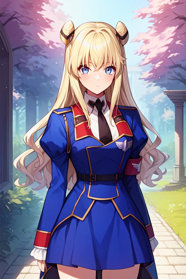 score_9, score_8_up, score_7_up, score_6_up, score_5_up, score_4_up, rating_questionable, , source_anime, digital illustration, pixiv, fanbox, uncensored, , BREAK, official art,
1girl, solo, female, leila malcal, blonde hair, double bun, hair ornament,
military uniform, blue uniform, , outdoors, blush, cowboy shot, looking at viewer, <lora:Leila_Malcal-10:0.9>