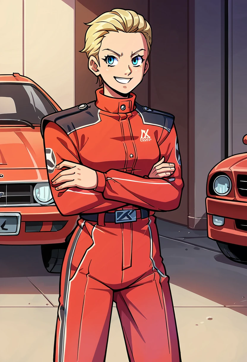 score_9,score_8_up,source_anime,1girl,sierraknox, <lora:SierraKnoxPony:0.9> ,solo,standing,crossed arms,uniform,jacket,pants,bodysuit,boots,red clothes,upper body,happy:d,small breasts,in garage,cell shaded,1990s style,initial d