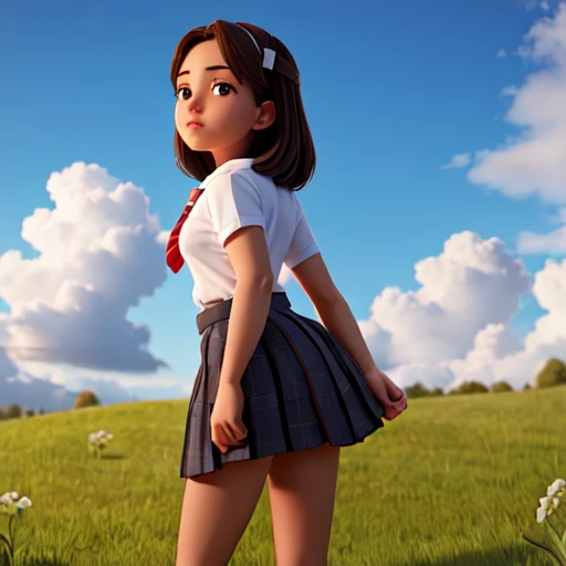 1girl, sky, looking back, on grass, high quality, masterpiece, absurdres, shirt lift, skirt