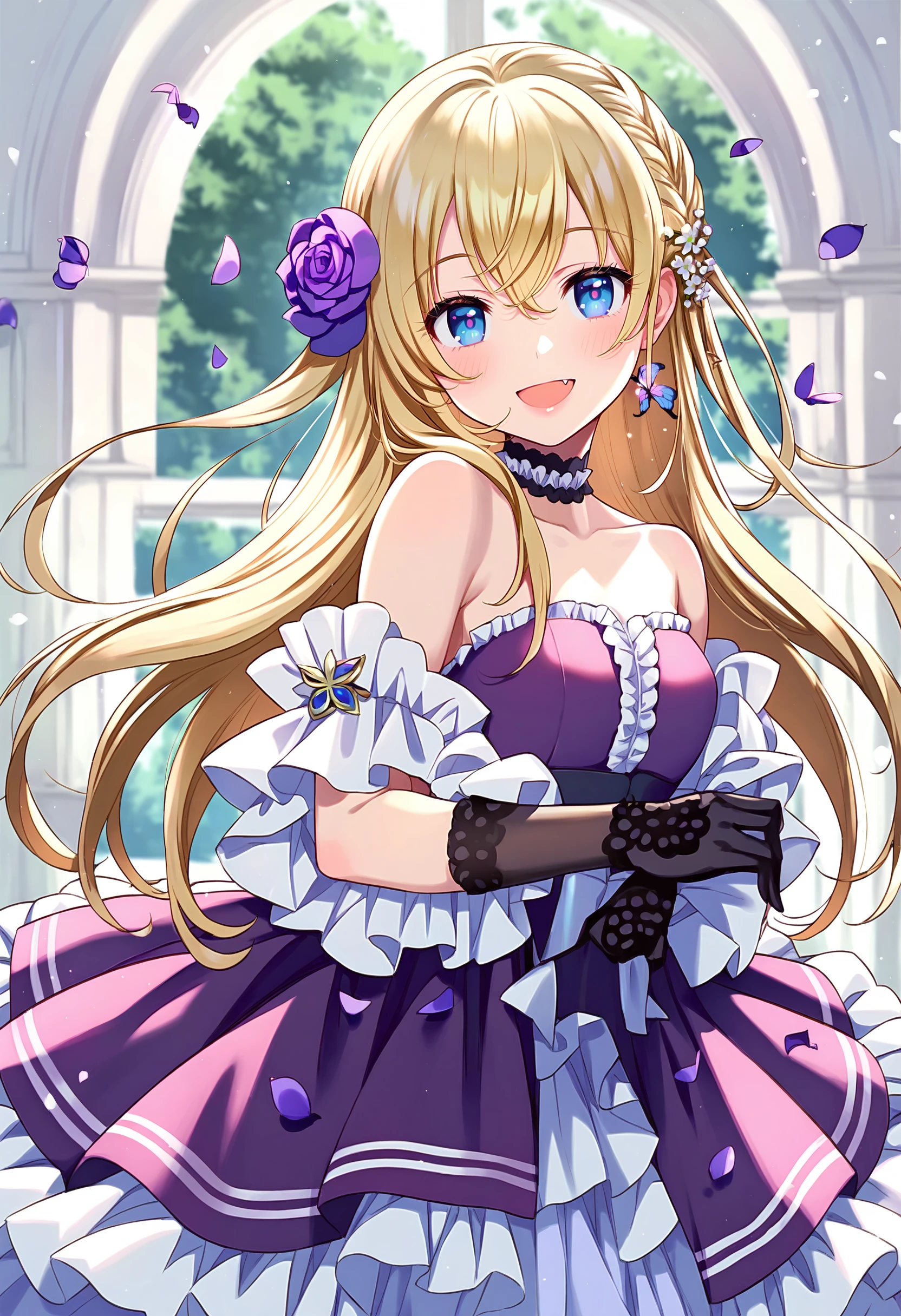 score_9,score_8_up,score_7_up,<lora:PDFA_Style8356194477-000450:1>,1girl,solo,bangs,blush,smile,looking at viewer,indoors,:d,bare shoulders,black gloves,blonde hair,blue eyes,braid,breasts,bug,butterfly,choker,closed mouth,collarbone,dress,eyelashes,fang,flower,frilled dress,frills,gloves,hair between eyes,hair flower,hair ornament,long hair,long sleeves,off shoulder,off-shoulder dress,open mouth,petals,purple dress,purple flower,purple rose,rose,short dress,sleeveless,sleeveless dress,small breasts,standing,strapless,strapless dress,tree,very long hair,white flower,window