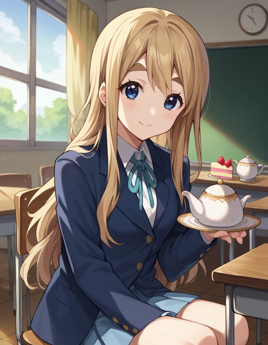 score_9, score_8_up, score_7_up, source_anime,
tsumugikotobuki, <lora:tsumugi-kotobuki-ponyxl-lora-nochekaiser:1>,
tsumugi kotobuki, long hair, blue eyes, blonde hair, thick eyebrows, smile,
sakuragaoka high school uniform, school uniform, uniform, blazer, shirt, white shirt, collared shirt, skirt, pleated skirt,
indoors, classroom, sitting, desk, chair, teacup, teapot, cake, strawberry shortcake,
looking at viewer, cowboy shot, dutch angle, dynamic pose,