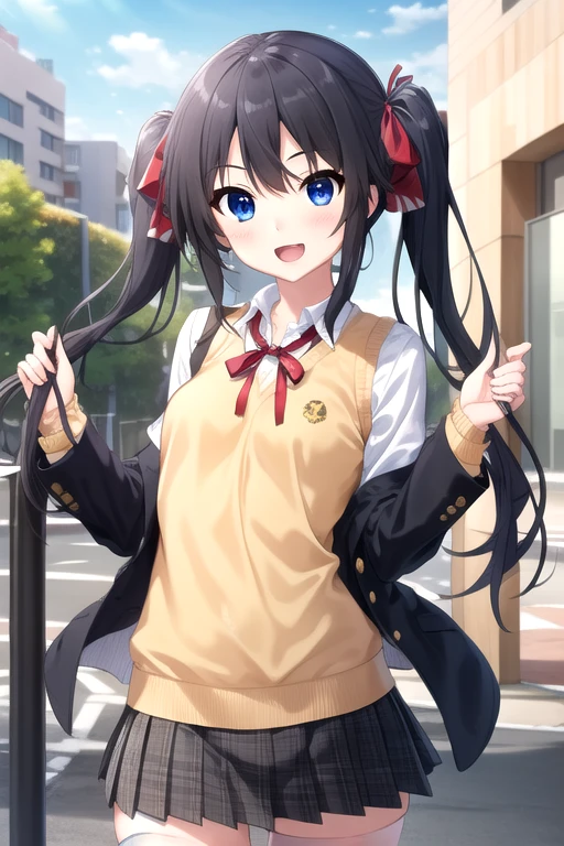 ((masterpiece)),(best quality),official art,extremely detailed CG,unity 8k wallpaper,ultra detailed,beautiful detailed eyes,extremely detailed face,outdoors,1girl,solo,cowboy shot,looking at viewer,facing viewer,smile,Otonashi Kushina,long hair,black hair,twintails,hair ribbon,hair bow,hair intakes,parted bangs,blue eyes,open mouth,:d,school uniform,blazer,black jacket,wing collar,yellow sweater vest,collared shirt,white shirt,neck ribbon,red ribbon,long sleeves,small breasts,miniskirt,green skirt,plaid skirt,pleated skirt,zettai ryouiki,white thighhighs,loafers,<lora:Otonashi Kushina(ls):0.8>,