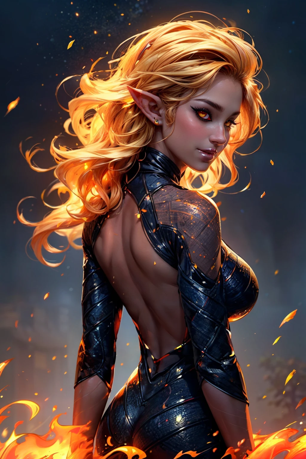 (ultra realistic,32k, masterpiece:1.2),(high detailed skin:1.1),( high quality:1.1), <lora:Fiery_Hair:0.6>, Fiery_Hair,1girl, long hair, looking at viewer, smile, blonde hair, simple background, very long hair, closed mouth, upper body, pointy ears, looking back, grey background, from behind, orange hair, colored skin, back, colored sclera, yellow sclera, blooming stars, luminescent petals, otherworldly fragrance blurry background,,(looking at viewer, standing:1.1),, huge breast,large breast,<lora:add_detail:0.92>, (glowwave:1.1),