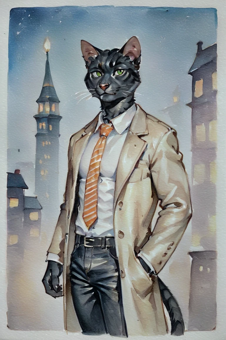 score_9, score_8_up, score_7_up, rating_safe, source_furry, traditional media, realistic, anthro, furry, black cat, cat, black fur, green eyes, white collared shirt, long sleeves, striped necktie, orange necktie, beige coat, black pants, muscular, 1boy, solo, male focus, mature male, looking at viewer, cowboy shot, standing, outdoors, city, building, night, night sky, dark background <lora:Blue Water Style LoRA_Pony XL v6:0.7>