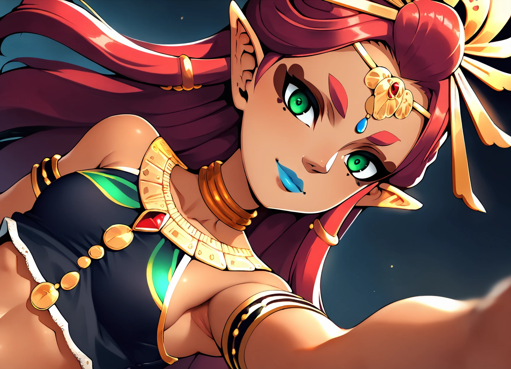 score_9, score_8_up, score_7_up, score_6_up, geewhy_style, riju,
1girl, solo, looking at viewer, jewelry, gold, long hair, green eyes, red hair, pointy ears, dark-skinned female, makeup, lipstick, neck ring, blue lips, breasts, bare shoulders, selfie,
cowboy shot, dutch angle, light smile,
<lora:riju_pdxl6:1> <lora:geewhy_ponyxl:0.7>