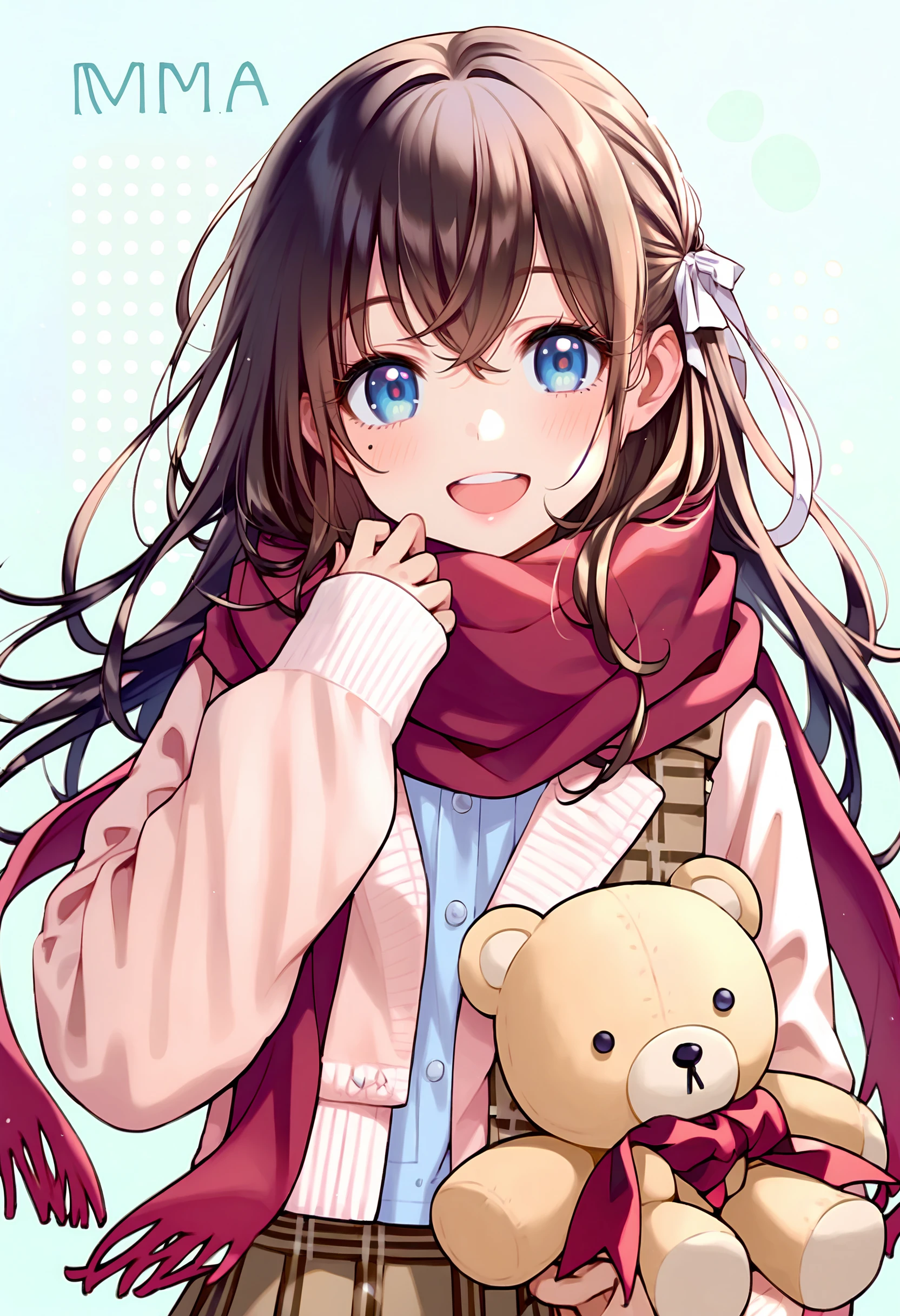 score_9,score_8_up,score_7_up,<lora:PDFA_Style8356194477-000450:1>,1girl,solo,bangs,blush,smile,looking at viewer,indoors,:d,blue eyes,brown hair,brown skirt,character name,cowboy shot,crossed bangs,eyelashes,hair between eyes,hand up,long hair,long sleeves,midriff,mole,mole on ass,open mouth,pleated skirt,red scarf,scarf,skirt,sleeves past wrists,standing,stuffed animal,stuffed toy,teeth,upper body,white ribbon