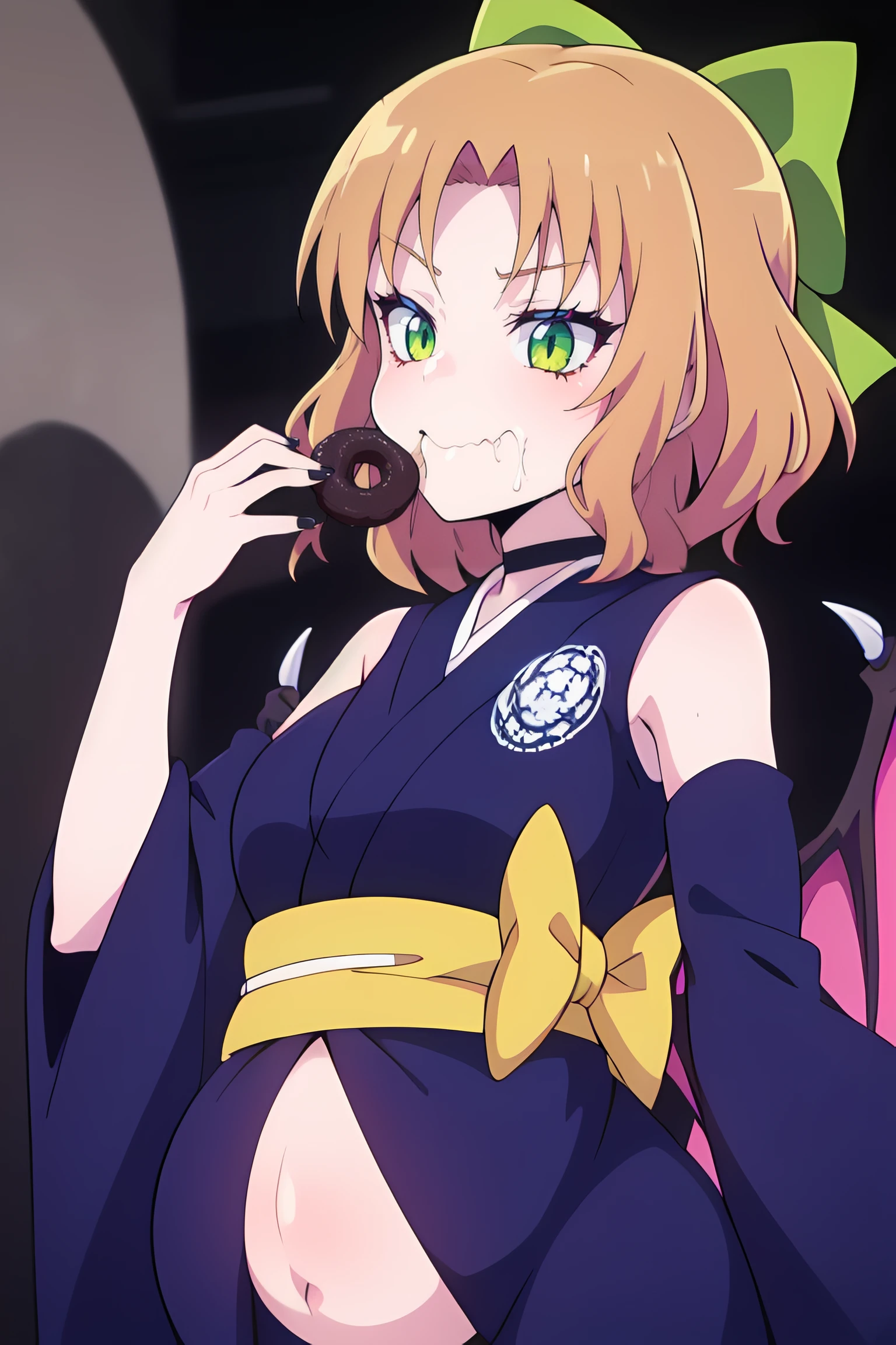 <lora:Amon Sloth:0.75> amon sloth, 1girl, short_hair, solo, green_eyes, bow, hair_bow, brown_hair, blonde_hair, smile, green_bow, detached_sleeves, japanese_clothes, wings, choker, wide_sleeves, kimono, sash, bat_wings, yellow_bow, demon_wings, eating, holding_food, black_nails, doughnut <lora:belly, belly stuffing, belly inflation, cuminflation, overeating 0.15-0.5str:0.2> belly, belly stuffing, belly inflation, overeating, (eating:1.2), best_quality, highres, extremely_detailed, anime perfect detailed style, 8k, masterpiece, anime art style, anime coloring,