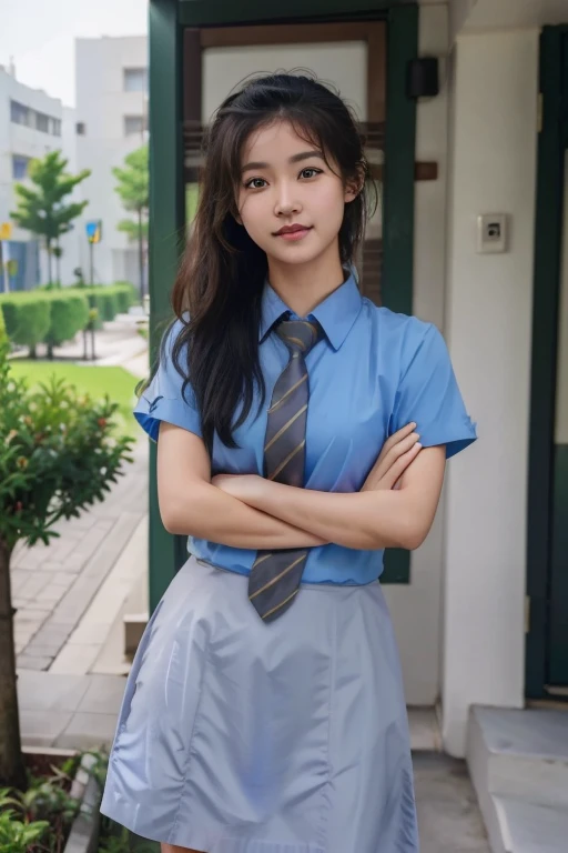 1 woman, 1 girl, crossed arms, medium breasts, blue school shirt, grey skirt, <lora:sg_cgsv1:0.8> cgs, (cgs_uniform, cgs tie:1.2), (masterpiece), (best quality:1.0), (ultra highres:1.0), (detailed face, detailed eyes, detailed skin, ray tracing, subsurface scattering:1.1), smile,, 8K, 8k uhd, dslr, Nikon Z9, soft lighting, high quality, film grain, ((cinematic look)), soothing tones, insane details, intricate details, hyperdetailed, epic realistic, real picture, intricate details, ultra-detailed, ultra highres, depth field,(photorealistic,realistic:1.2),best quality, realistic, photorealistic, (intricate details:1.2), (delicate detailed), (cinematic light), clear line, sharp focus, realistic face, detailed face unity 8k wallpaper, ultra high res, (photorealistic:1.4)