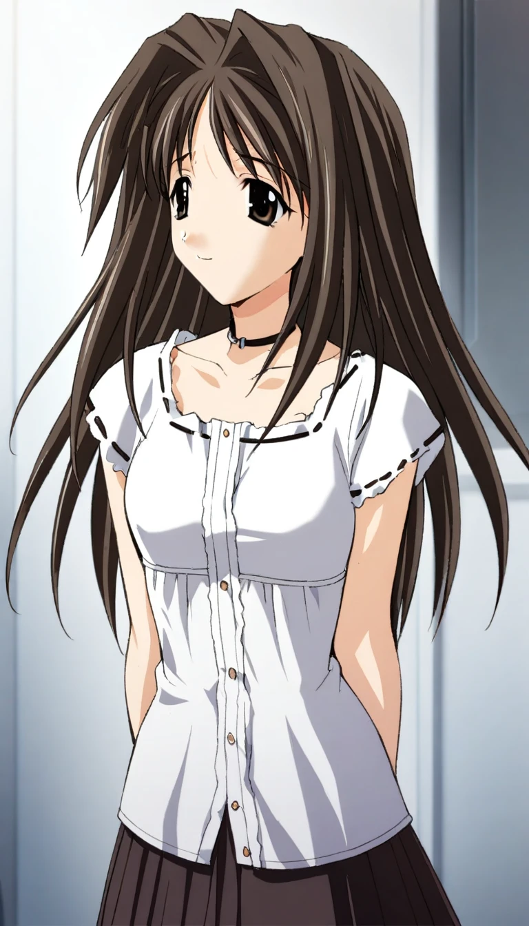 1girl,sword,shirt,belt,breast,jeans,Long hair,Crouching,belly button,shirt,Single pants,Single pants leg,Disgusted look, ,Kanzaki Kaori,solo,绑shirt,arms
