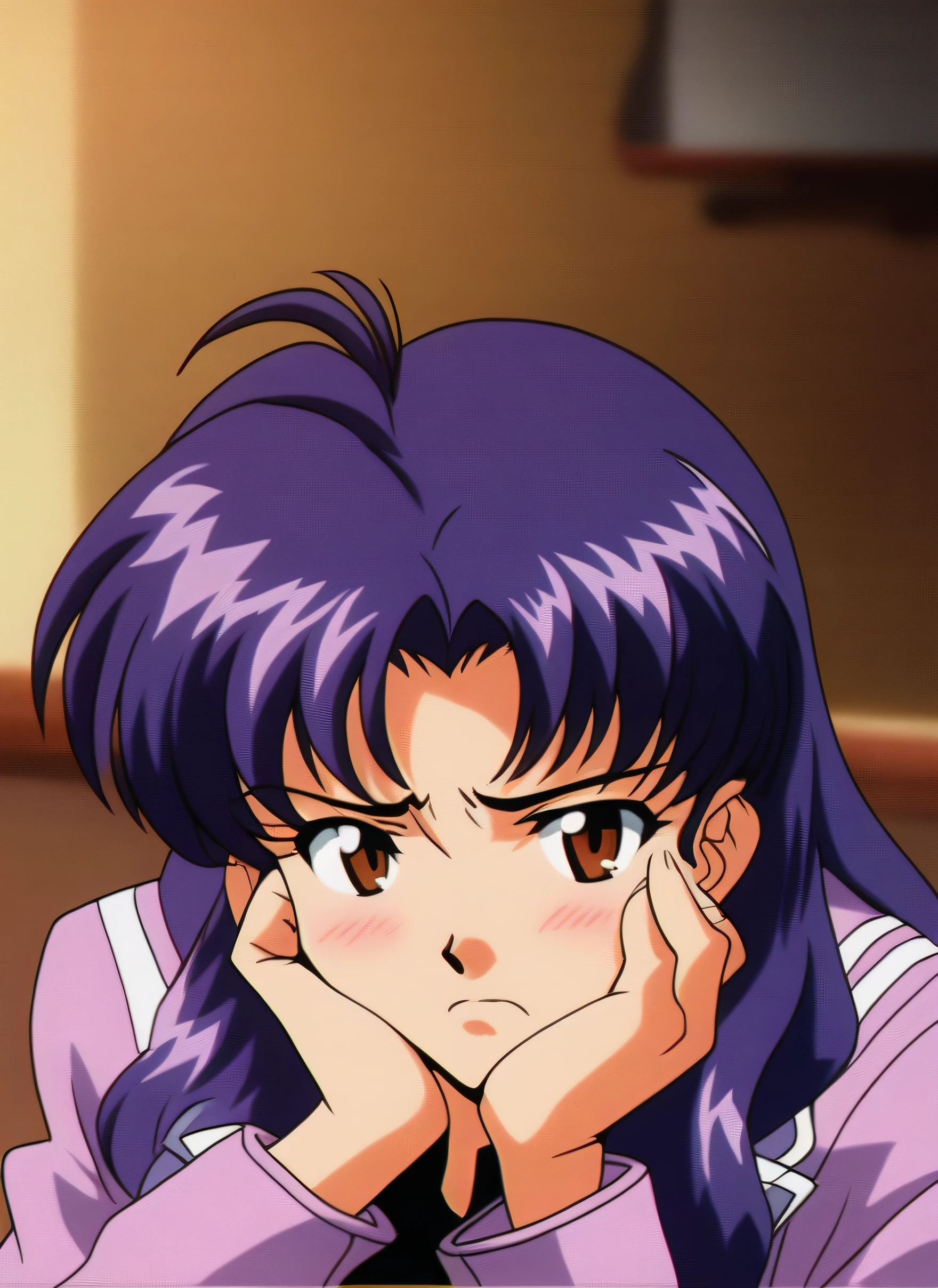 <lora:Misato:0.7> (high detailed,masterpiece), 1girl,solo,long sleeves,brown eyes,jacket,purple hair,frown,head rest,bored,katsuragi misato,retro artstyle,1990s (style),oldest,katsuragi misato