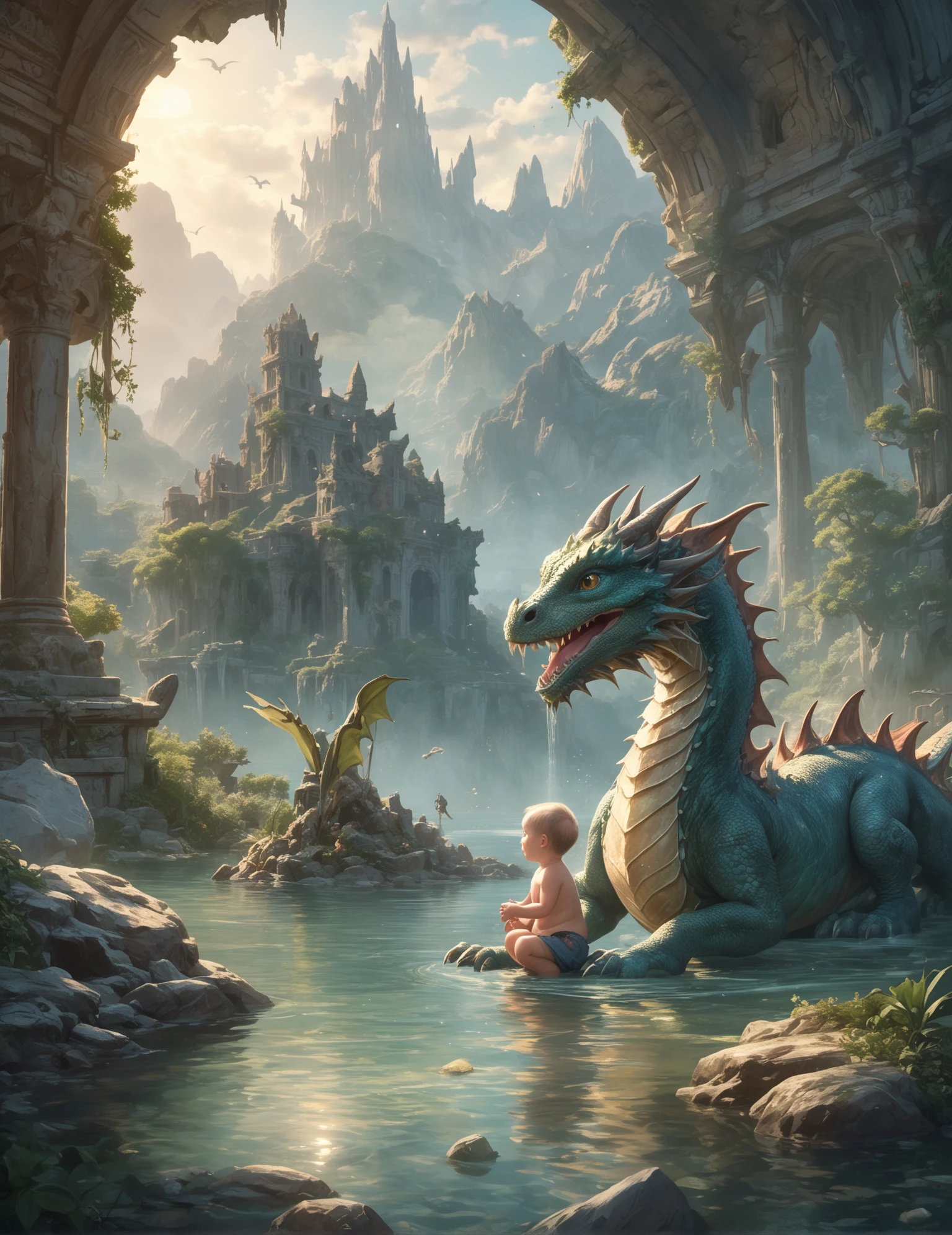 Long shot digital artwork, (Baby exploring with baby dragon:1.3), Fantastical composition, Playful interaction, Gleaming horns, Spiky tail, (Intricate designs:1.2), Mythical world, Ancient ruins, Crystal-clear lake, (Magical essence:1.2), Soft sunlight, Exceptional digital quality, Detail-oriented rendering, Realistic tones