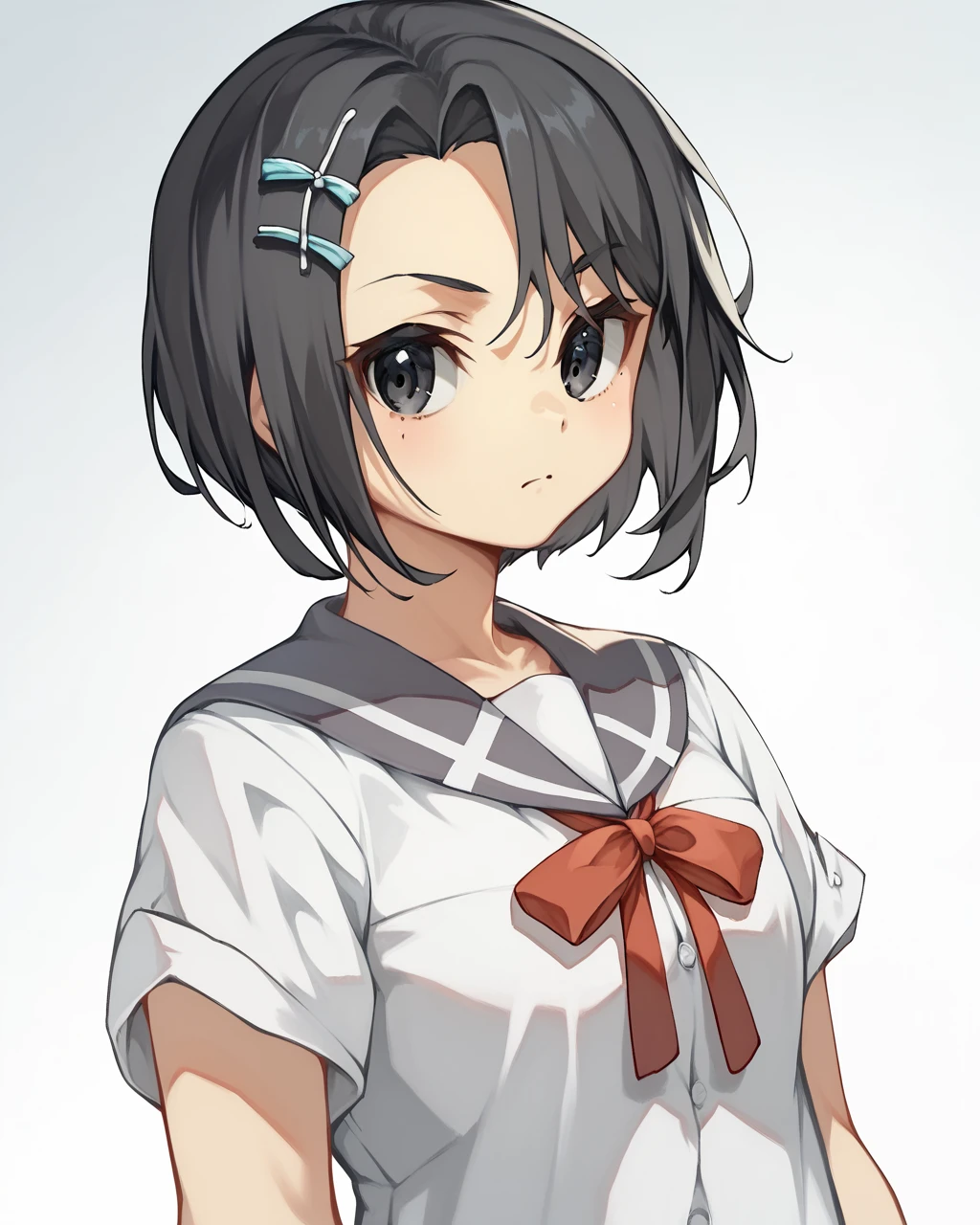 score_9, score_8_up, score_7_up,
<lora:Yuzuki_Yuuna_PONY:1>,1girl,solo,school uniform, black hair,black eyes,hair ornament,short hair,serafuku,short sleeves, ribbon,