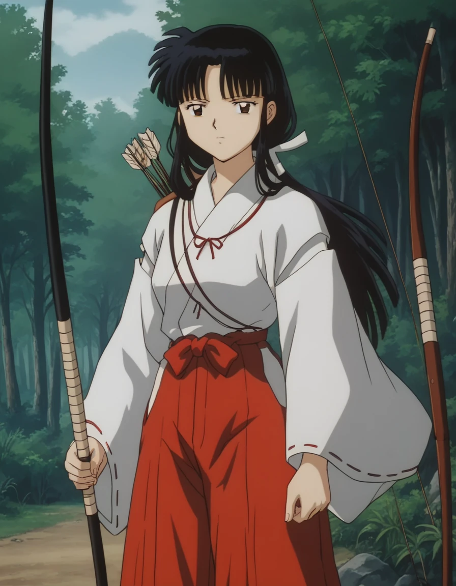 score_9, score_8_up, score_7_up, source_anime,
inuyashakikyou, <lora:inuyasha-kikyou-ponyxl-lora-nochekaiser:1>,
kikyou, long hair, black hair, brown eyes, sidelocks, himecut, retro artstyle,
skirt, long sleeves, japanese clothes, hakama, hakama skirt, miko, red hakama,
outdoors, forest, nature, holding, weapon, holding weapon, bow \(weapon\), arrow \(projectile\), holding bow \(weapon\), aiming, holding arrow, drawing bow, archery,
looking at viewer,