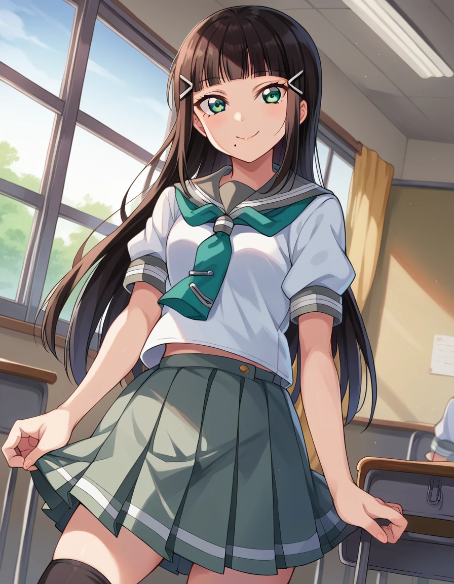 score_9, score_8_up, score_7_up, source_anime,
diakurosawa, <lora:dia-kurosawa-ponyxl-lora-nochekaiser:1>,
dia kurosawa, long hair, bangs, black hair, hair ornament, green eyes, sidelocks, hairclip, blunt bangs, mole, mole under mouth, smile,
skirt, school uniform, short sleeves, pleated skirt, serafuku, socks, neckerchief, kneehighs, black socks, green neckerchief, grey skirt, uranohoshi school uniform,
indoors, classroom,
looking at viewer, cowboy shot, dutch angle,