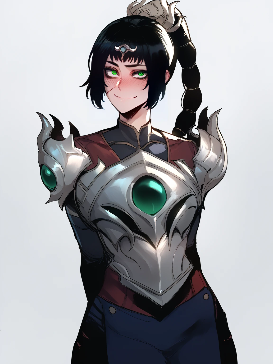 score_9, score_8_up, score_7_up, score_6_up, score_5_up, score_4_up, BREAK, source_anime, 1girl, solo, shadowheart, black hair, braided ponytail, green eyes, scar on face, circlet, looking at viewer, armor, arms behind back, evil smile, blush, standing, white background <lora:ShadowHeartXL:0.8>    <lora:Ratatatat74XLLocon:1>