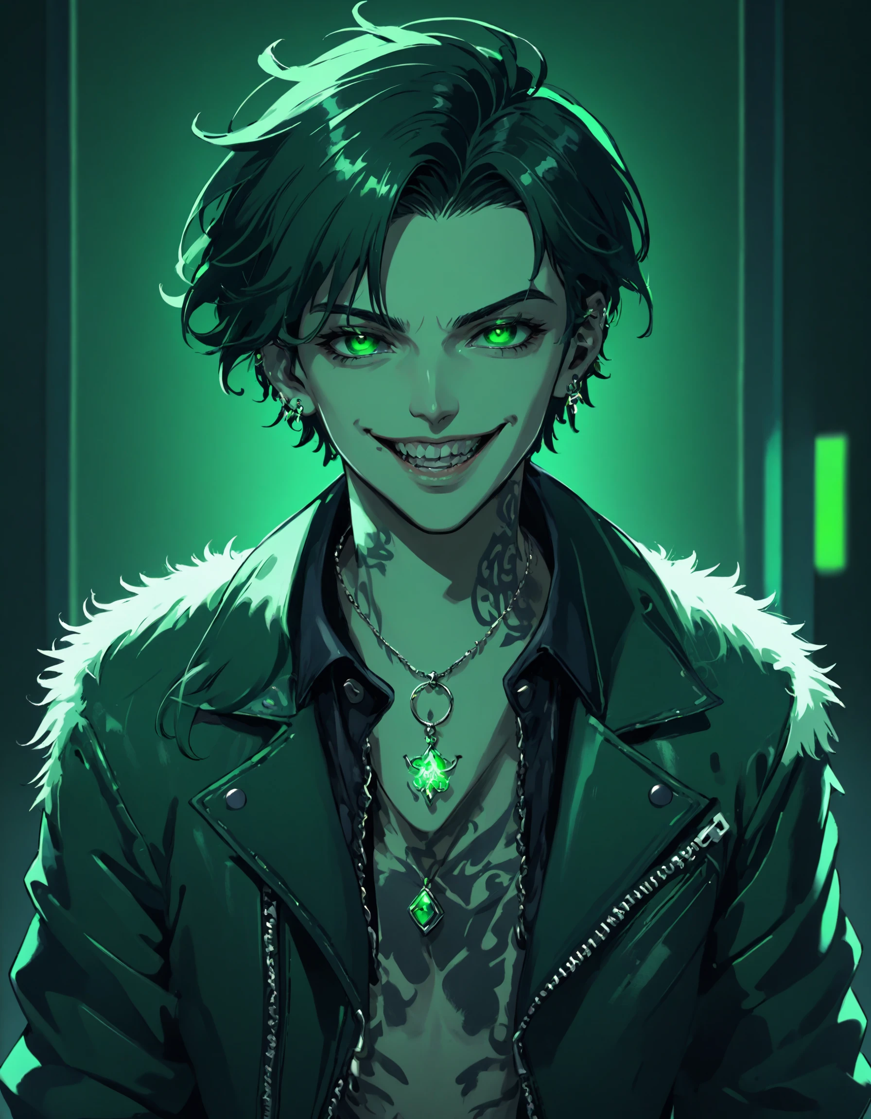 reshadexl, green theme, 1boy, male focus, male_focus, solo, short_hair, fluffy_hair, jewelry, open_clothes, jacket, necklace, open_jacket, jacket, shirt, crop_top, tattoo, pendant, leather, leather_jacket, looking_at_viewer, wide_grin, open_mouth, neon lighting, side lighting, studio, duochrome, duotone , <lora:ReShadeSDXL:0.8>