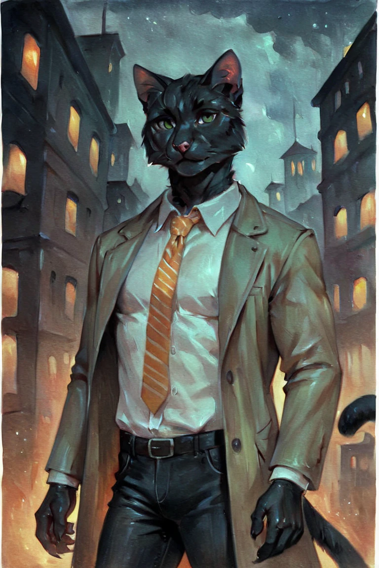 score_9, score_8_up, score_7_up, rating_safe, source_furry, traditional media, realistic, anthro, furry, black cat, cat, black fur, green eyes, white collared shirt, long sleeves, striped necktie, orange necktie, beige coat, black pants, muscular, 1boy, solo, male focus, mature male, looking at viewer, cowboy shot, standing, outdoors, city, building, night, night sky, dark background <lora:Green Patina Style LoRA_Pony XL v6:0.7>