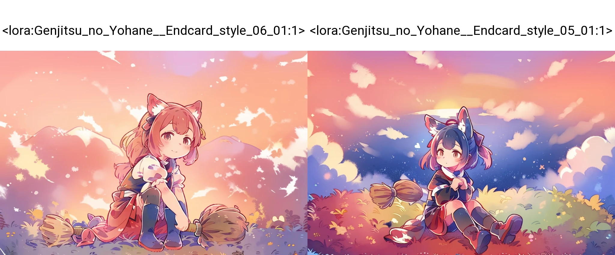 cute girl soars sitting on a broom, evening sunset, high above the horizon, above the ground, a colorized style by yohhh, <lora:Genjitsu_no_Yohane__Endcard_style_06_01:1>