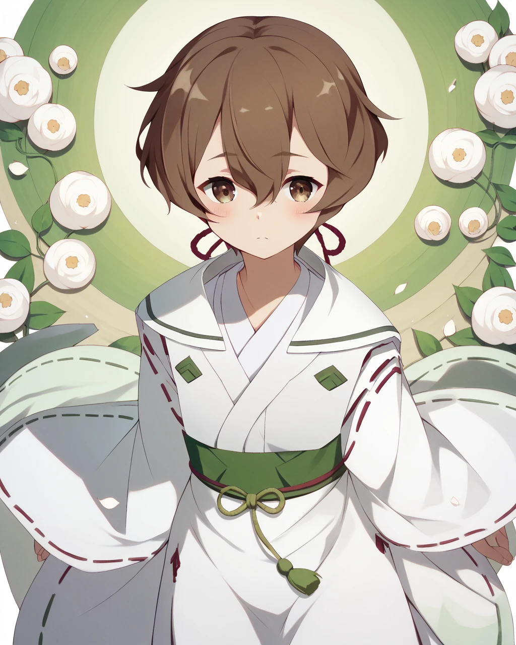 score_9, score_8_up, score_7_up,
<lora:Fujimori_Mito_PONY:1>,1girl, solo, short hair,brown hair, brown eyes,between eyes, long sleeves, japanese clothes,wide sleeves, kimono, sleeves past wrists,White hakama,miko,green stripes,tabi,