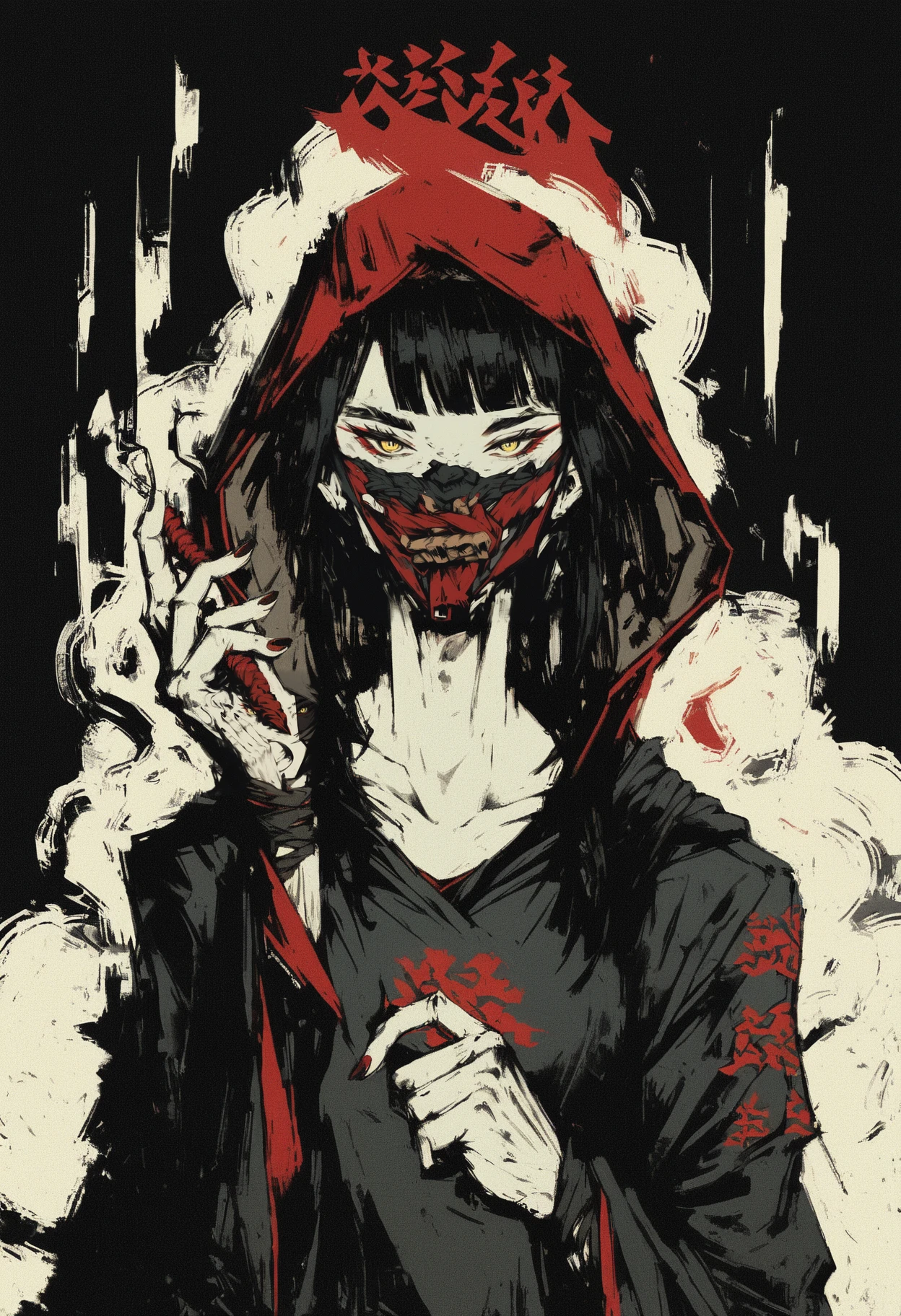 Portrait, sex-addicted cannibal woman, darting tongue,(red tribal tattoo:1.2), dripping blood, (bloody face:1.2), bizarre expression