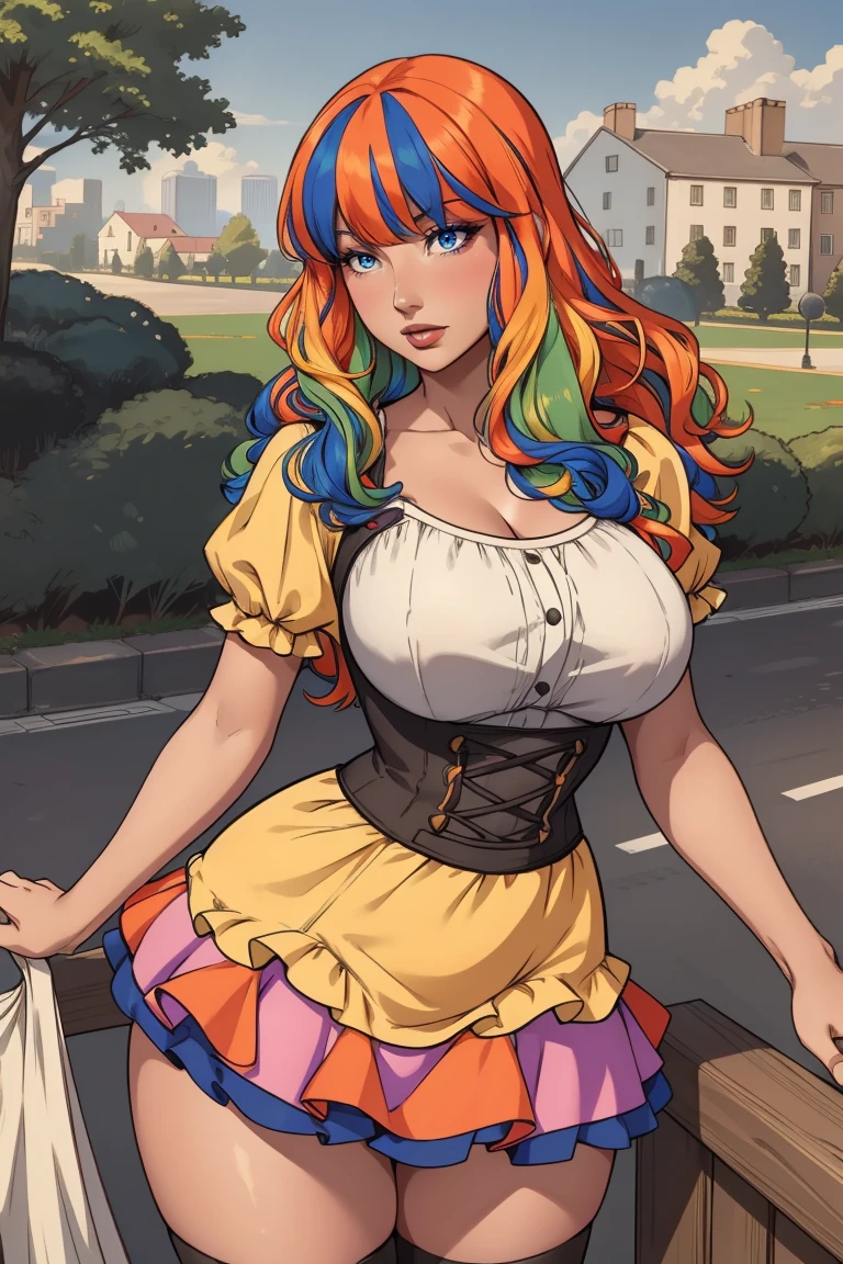 portrait, adult, woman, large breasts, wearing  HUD_Rbw_Wg, multicolored wig, bangs, wearing a Runched Fluffy cashmere lining (short dress) in ((Bustle era fashion)),  <lora:wig_test:0.55>, outdoors