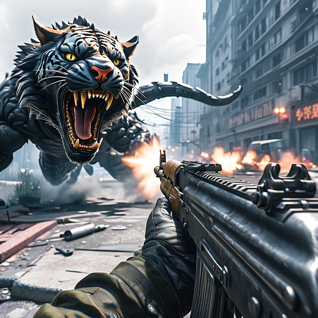 a cinematic shot of a first person shooter, aiming with a ak-47, call of dudy, shooting a giant black (tiger:1.2), city in background, AK47 Pov, HD, masterpiece, best quality, hyper detailed, ultra detailed, super realistic