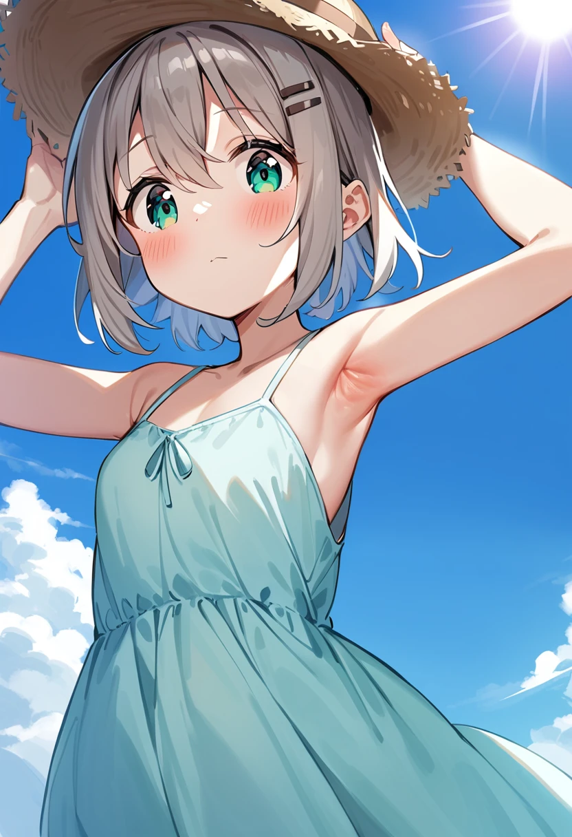 masterpiece, best quality, very aesthetic, absurdres, 1girl, yukimura aoi, solo, hair ornament, armpits, hairclip, straw hat, looking at viewer, green eyes, eyebrows visible through hair, short hair, blue dress, hands on headwear, arms up, upper body, sleeveless dress, closed mouth, hair between eyes, bare shoulders, silver hair, day, sundress, bare arms, dutch angle, white dress, small breasts, brown headwear, blue sky, sun hat, grey hair, sunlight, hand on headwear, blush, hands up, blue background, adjusting headwear, aqua eyes, adjusting clothes, eyes visible through hair, outdoors, cloudy sky <lora:yukimura_aoi_sdxl_locon_ani31_v1:0.7>