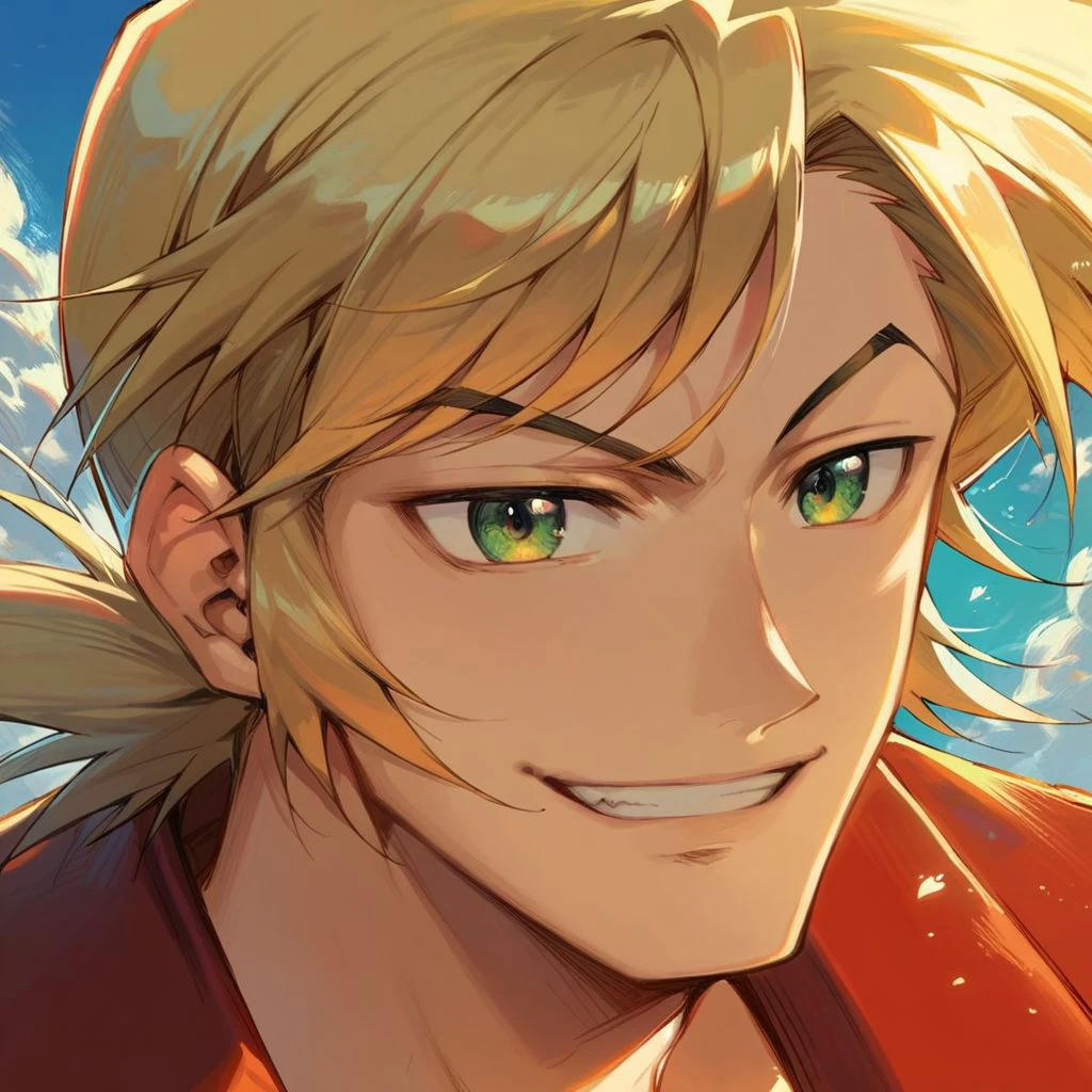 (score_9, score_8_up:1.1), score_7_up, 1boy, solo, blonde hair, green eyes, black eyebrows, (mostly:red jacket) with a (hint:0.8) of (yellow:0.8) around the neck area, close-up portrait, smile, nori