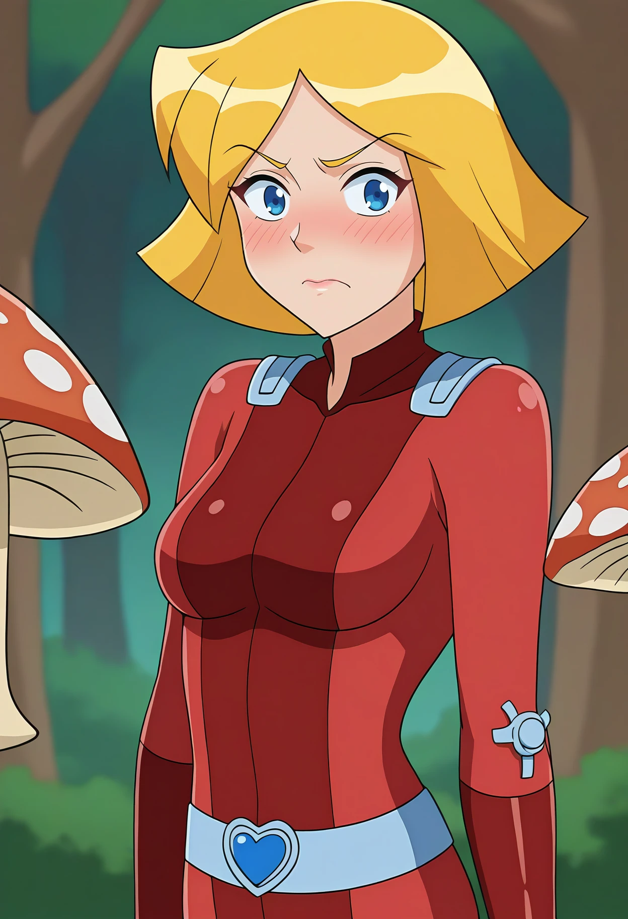 score_9, score_8_up, score_7_up, BREAK source_anime, 1girl, clover \(totally spies\), blonde hair, short hair, blue eyes, red bodysuit, belt, full-face blush, portrait, mushroom forest <lora:brj-clover-ponyXL-v0.6:1>