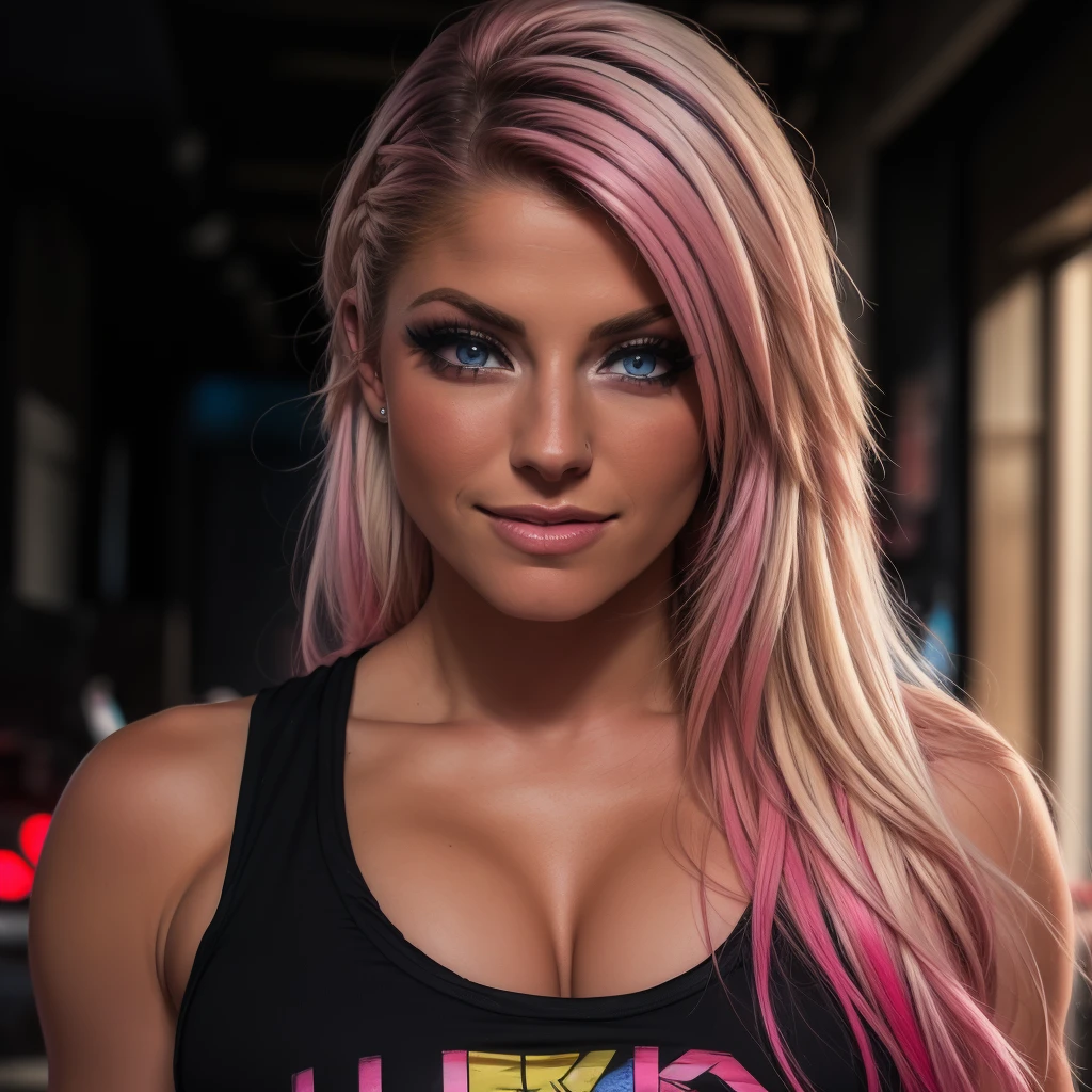 Best_QualityPos, RAW photo, intricate details, best quality, 8k uhd, soft lighting, 1girl, solo, alexa bliss, blue eyes, long hair, multicolored hair, pink hair, blonde hair, black tank top <lora:Alexa_Bliss:0.6> <lora:exposure_control_v10:-0.45>