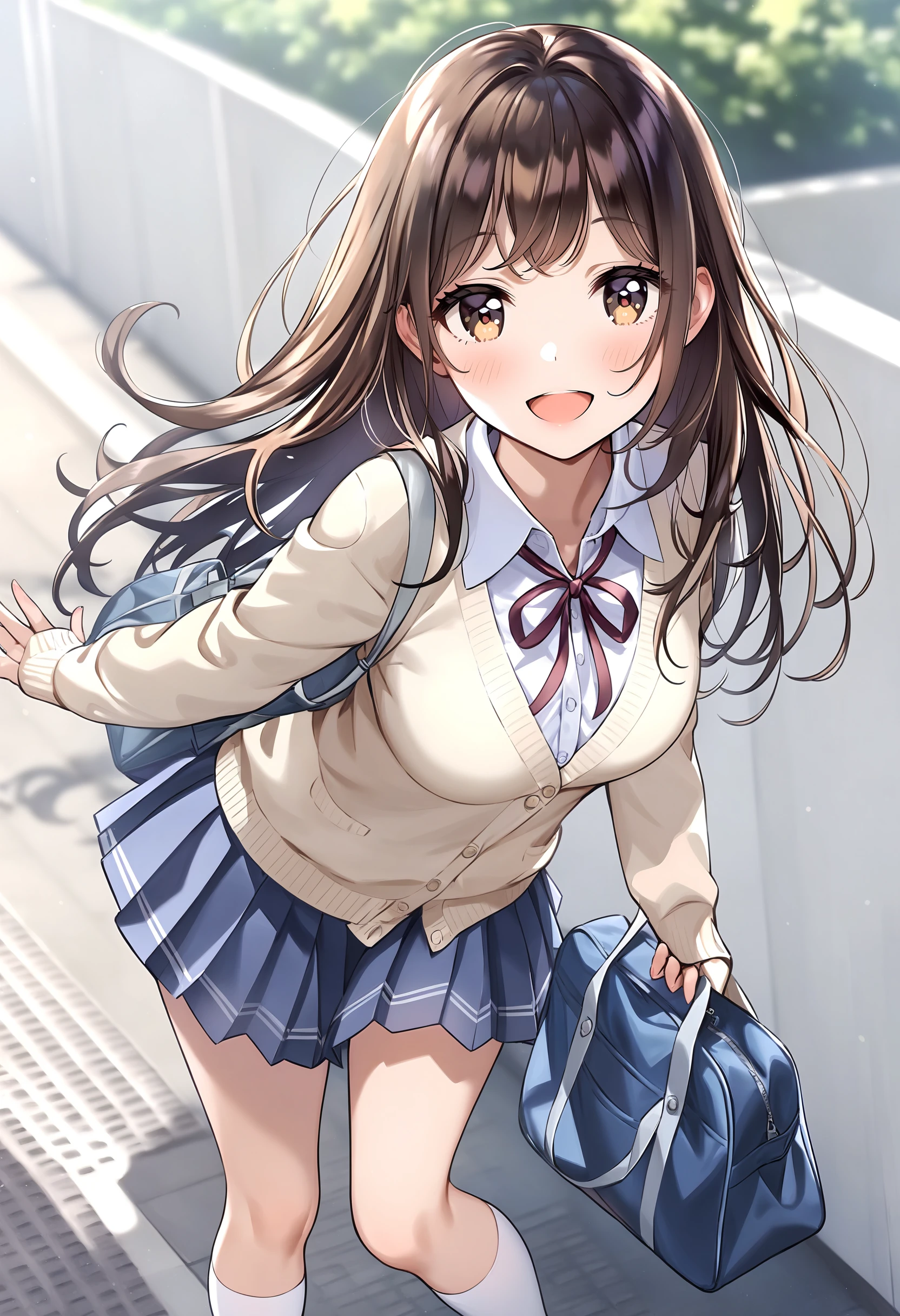 <lora:Animagine_Style8356194477-000450>, 1girl, bangs, blush, looking at viewer, masterpiece, best quality, very aesthetic, absurdres, :d, bag, breasts, brown eyes, brown hair, cardigan, collared shirt, day, dress shirt, hat, long hair, long sleeves, medium breasts, neck ribbon, open mouth, outdoors, pleated skirt, ribbon, school bag, school uniform, shirt, shoes, skirt, smile, socks, solo, standing, vest, white jacket, white footwear, white shirt, white socks,