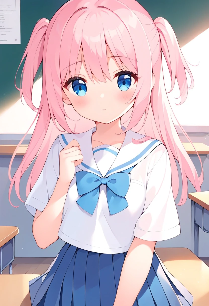 score_9, score_8_up, score_7_up, source_anime, 1girl, light pink hair, blue eyes, pleated skirt, white sailor collar, short sleeves, blue bowtie, blush, two side up, classroom,
