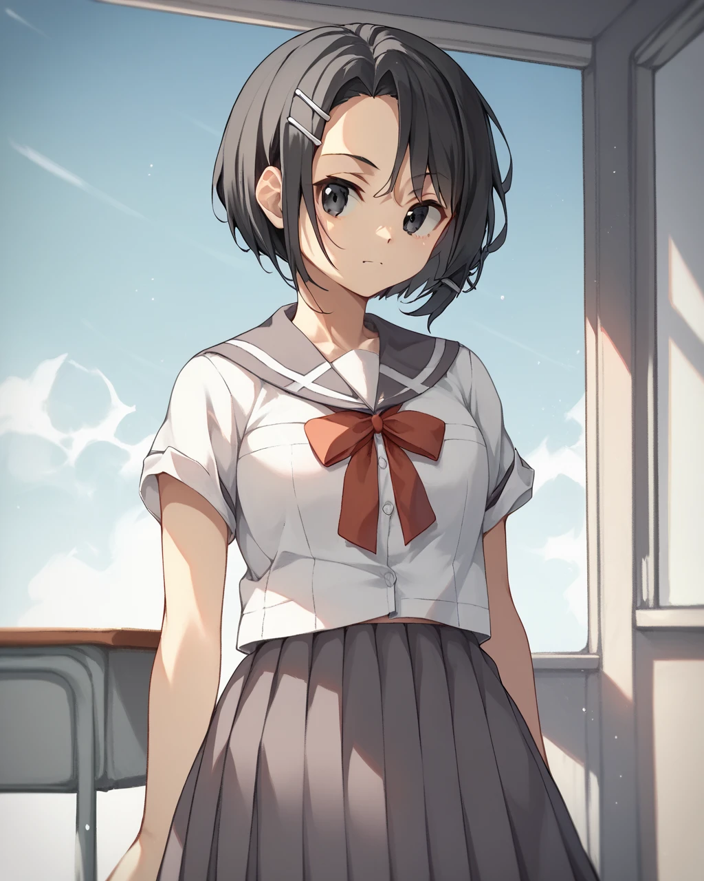 score_9, score_8_up, score_7_up,
<lora:Yuzuki_Yuuna_PONY:1>,1girl,solo,school uniform, black hair,black eyes,hair ornament,short hair,serafuku,short sleeves, ribbon,