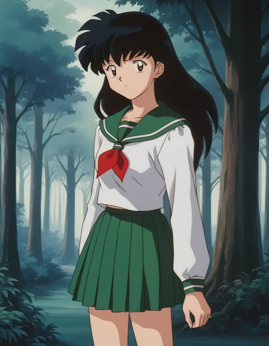 score_9, score_8_up, score_7_up, source_anime,
kagomehigurashi, <lora:kagome-higurashi-ponyxl-lora-nochekaiser:1>,
kagome higurashi, long hair, black hair, retro artstyle, brown eyes,
skirt, shirt, long sleeves, school uniform, white shirt, pleated skirt, serafuku, sailor collar, neckerchief, green skirt, red neckerchief,
outdoors, forest, nature,
looking at viewer,