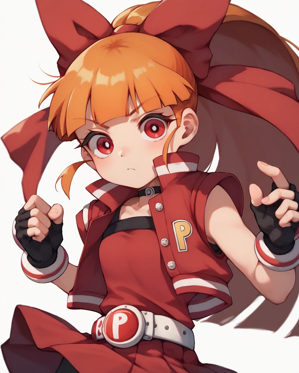 pov, akazutsumi_momoko, orange hair, pink vest, pink skirt, black fingerless gloves, young, cartoon, ribbon, long hair, cowgirl sex position, ahegao, arms behind back, belt