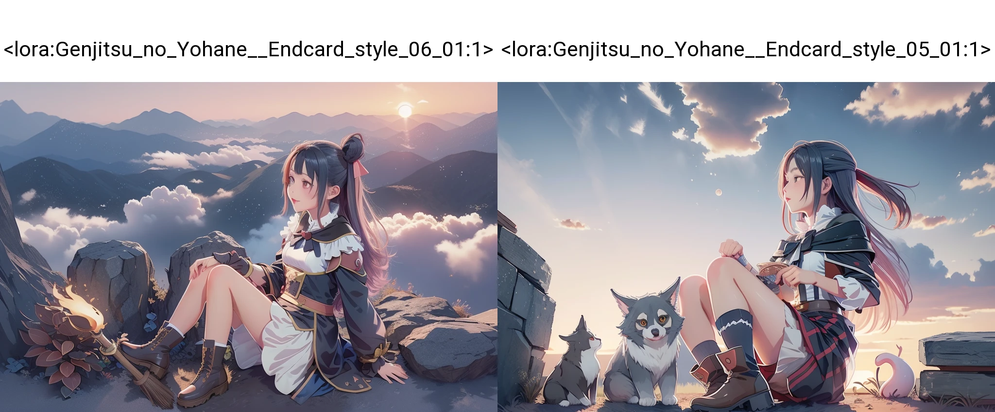cute girl soars sitting on a broom, evening sunset, high above the horizon, above the ground, a colorized style by yohhh, <lora:Genjitsu_no_Yohane__Endcard_style_06_01:1>