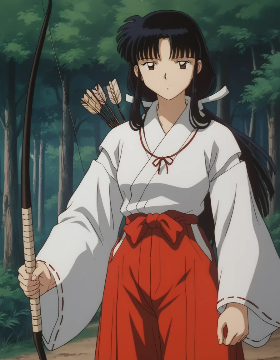 score_9, score_8_up, score_7_up, source_anime,
inuyashakikyou, <lora:inuyasha-kikyou-ponyxl-lora-nochekaiser:1>,
kikyou, long hair, black hair, brown eyes, sidelocks, himecut, retro artstyle,
skirt, long sleeves, japanese clothes, hakama, hakama skirt, miko, red hakama,
outdoors, forest, nature, holding, weapon, holding weapon, bow \(weapon\), arrow \(projectile\), holding bow \(weapon\), aiming, holding arrow, drawing bow, archery,
looking at viewer,