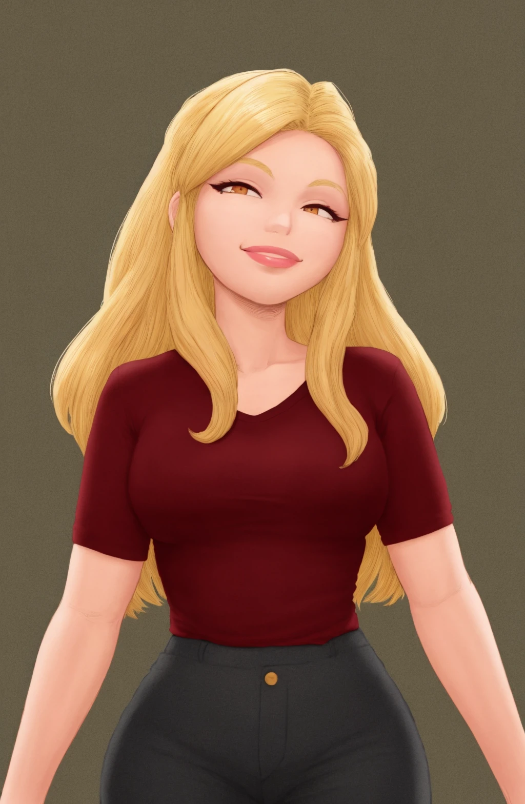 @cerealkllr4586,cerealkllr4586 \(Artist\),Shane Ballard \(Artist\), masterpiece, best quality, 1girl, waist up, brown eyes, smile, lips, blonde hair, closed mouth, looking at viewer, wide hips, wearing glowing collared shirt and pants, background: Changzhou, solo,<lora:cerealkllr4586 | Shane Ballard Style:1>
