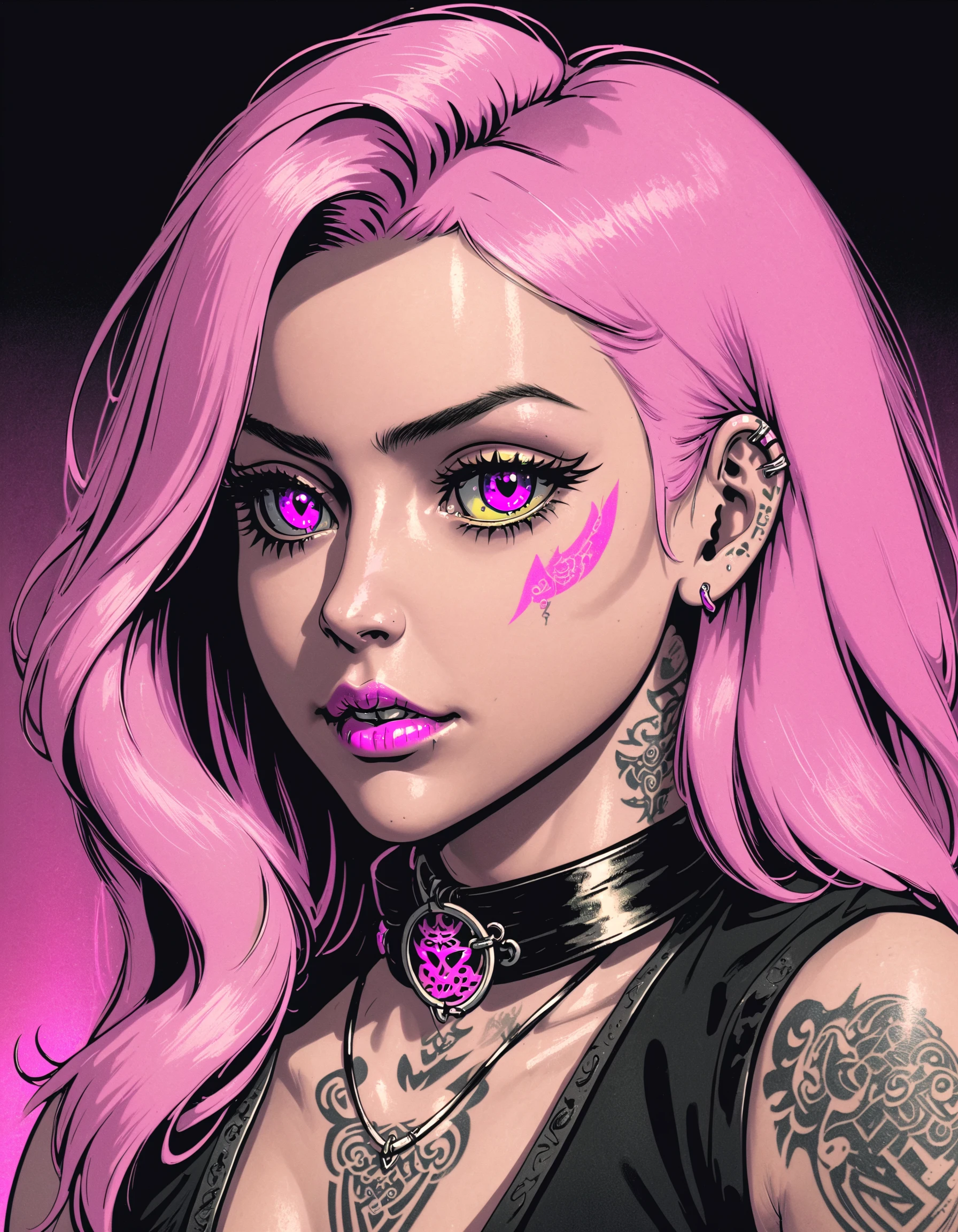 reshadexl, pink theme, 1girl, solo, long hair, looking at viewer, long hair, yellow eyes, choker, lips, eyelashes, tattoo, makeup, black choker, piercing, portrait, nose piercing, neon lighting, side lighting, duochrome, duotone , <lora:ReShadeSDXL:0.8>