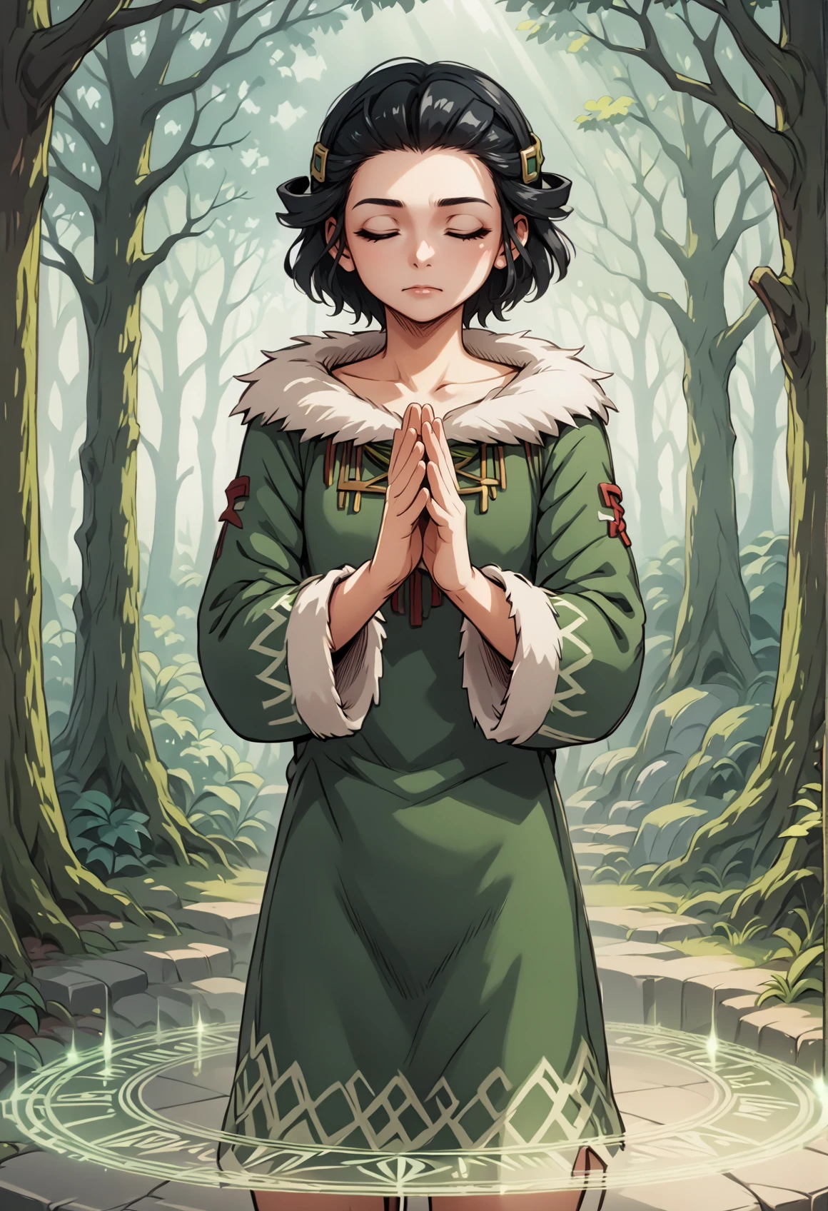 1girl, solo, teenage, black hair, short hair, black eyes, dreadlocks, forehead, green dress, fur trim, standing, praying, closed eyes, magic, magic circle, casting spell, outdoors, <lora:Yun_Suikoden_III-XL:1> anime screencap, score_9, score_8_up, score_7_up, score_6_up, score_5_up, score_4_up, BREAK source_anime, masterpiece