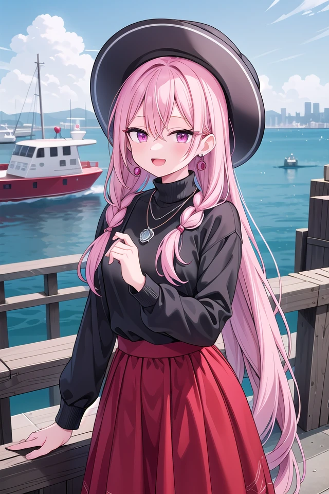 insanely detailed, absurdres, ultra-highres, ultra-detailed, best quality,
1girl, solo, nice hands, perfect hands
BREAK
(nsfw:-1.5),
(black theme:1.4), (fit body:1.3), (tight long sleeve and turtleneck (black sweater):1.4), (black heeled boots with lace-up:1.1),
BREAK
(black and red theme:1.3), ((red) high-waisted ((maxi length skirt, very long A line skirt):1.2) with [plaid pattern]:1.4), ((black) bucket hat with wide brim:1.4),
BREAK
((earrings, necklace):1.2),
(naked skin:-1), (mini skirt:-1), (legs:-1), (straw hat:-1), (red hat:-1), (green hat:-1), (white sweater:-1), (slit:-1), (belt:-1), (multiple necklaces:-1), (navel:-1), (waist:-1), (cleavage:-1.5)
BREAK
happy smile, laugh, open mouth,
,
cute pose, cowboy shot, looking at viewer
BREAK
slender, kawaii, perfect symmetrical face, ultra cute girl, ultra cute face, ultra detailed eyes, ultra detailed hair, ultra cute, ultra beautiful
BREAK
(bay, sea, harbor, bay side:1.4), (cityscape in tokyo:1.3), buildings, day, blue sky, panorama view, outdoor, (indoors:-1.3), (day:1.3), (evening:-1.5), (night:-1.5), depth of field, ultra detailed background, (very wide, panorama view, sense of depth, magnificent view:1.3)
BREAK
medium breasts
BREAK
pink hair, pink eyes, crochet braids, hair between eyes