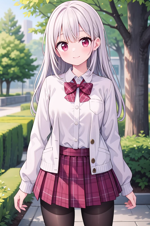insanely detailed, absurdres, ultra-highres, ultra-detailed, best quality,
1girl, solo, nice hands, perfect hands
BREAK
(School Uniforms:1.2), (pink cardigan is fit body:1.4), ((do up a buttons, not loose):1.5), ((long sleeve, sleeves past wrists):1.2), (inner wear is white collared-shirt:1.3), (red plaid-pattern bow:1.3), (red plaid-pattern pleated skirt:1.3), ((dark-brown pantyhose, loafers):1.2)
, (cleavage:-1.5)
BREAK
happy smile, laugh, closed mouth
BREAK
(45 angle:-1.5), (from side:-1.5),
standing, cowboy shot, looking at viewer
BREAK
slender, kawaii, perfect symmetrical face, ultra cute girl, ultra cute face, ultra detailed eyes, ultra detailed hair, ultra cute, ultra beautiful
BREAK
in forest, depth of field, ultra detailed background
BREAK
medium large breasts
BREAK
(grey hair, red eyes), spiked hair,