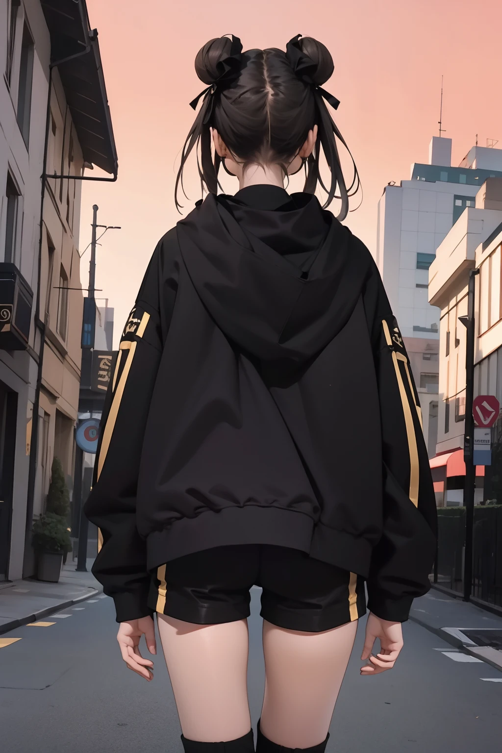 <lora:GoodHands-æbeta2:1>,solo,1girl,outdoors,cityscape,red background,standing,thigh gap,cowboy shot,<lora:0351 Qiankun girl_v1:0.9>,ruanyi0351,jacket,leg warmers,bun cover,boots,from behind,black shorts,, best quality,masterpiece,highres,official art,extremely detailed cg unity 8k wallpaper